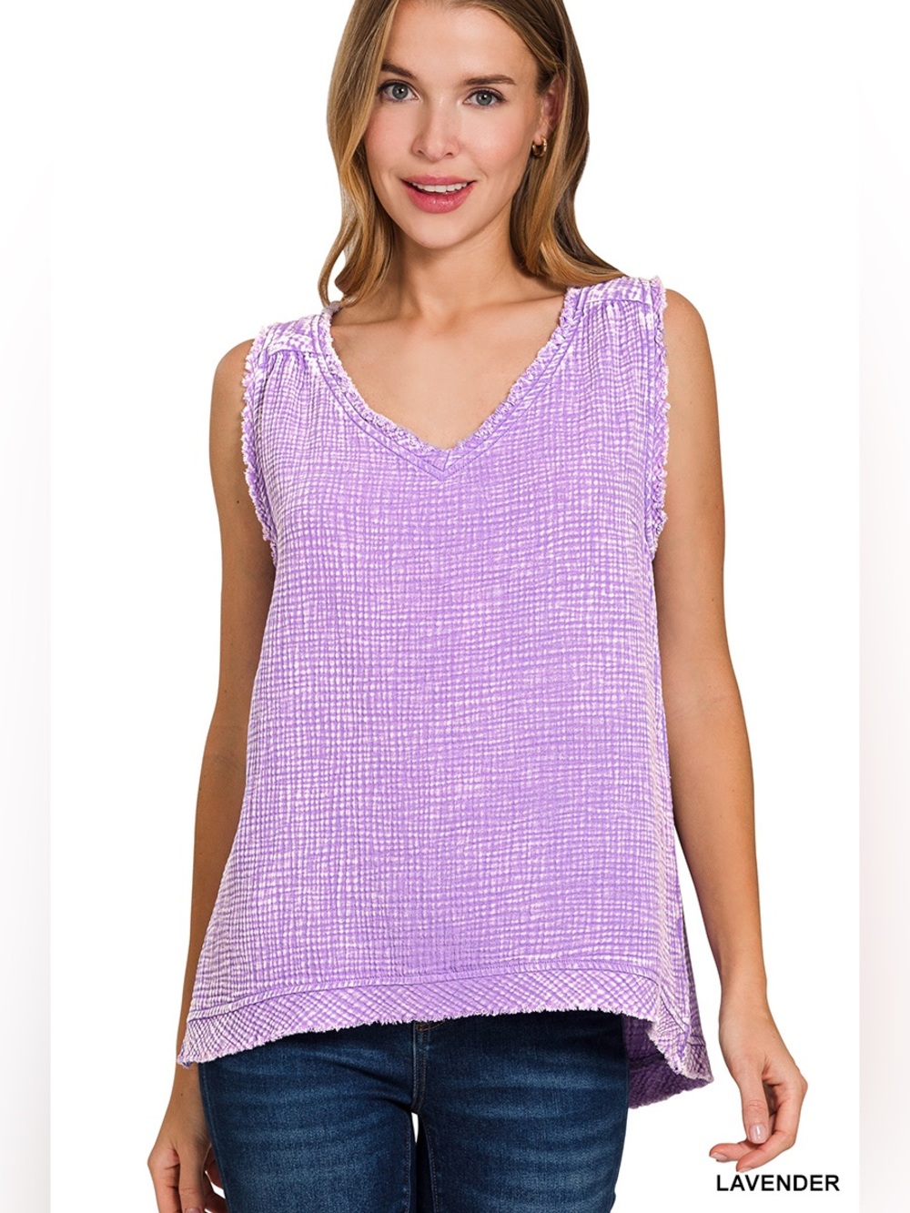 Zenana DOUBLE GAUZE RAW EDGE ACID WASHED TANK TOP